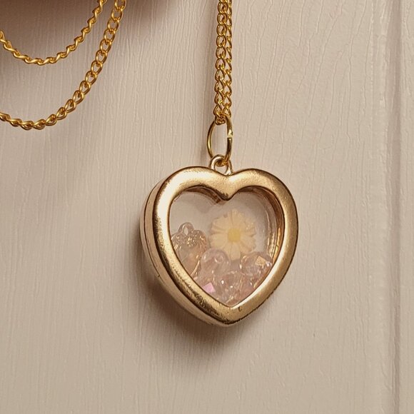 Fun Gold Plated Locket Necklace with Peach Flower, Pink Beads and Gold Heart - Picture 3 of 13